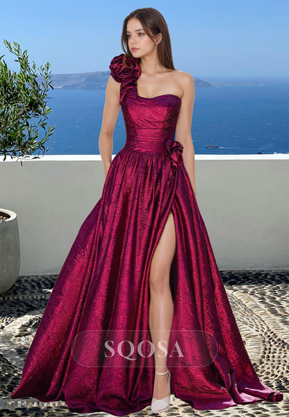 A-Line Sweetheart Floral Embossed One-Strap Pleated Glitter-Knit Prom Dress with High Slit