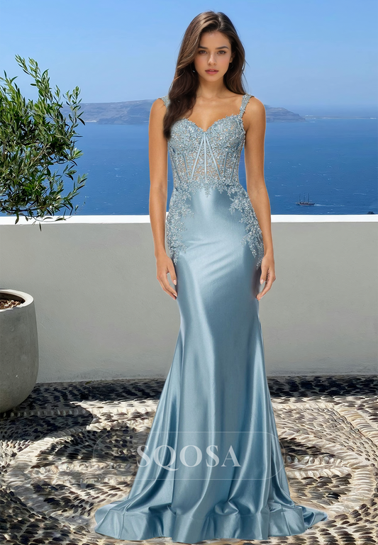 Spaghetti Straps Sweetheart Sleeveless Mermaid Prom Dress Beaded Applique Long Evening Gowns