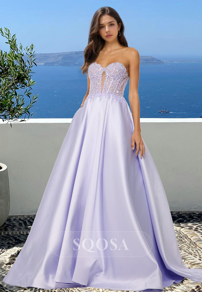 Sweetheart Off-Shoulder Cutout A-Line Prom Dress Sleeveless Beaded Applique Pleated Formal Gowns