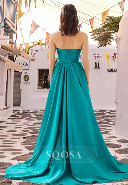 Tube Top Off-Shoulder Sleeveless Evening Gowns Pleated Floral Embossed A-Line Prom Dress with Train