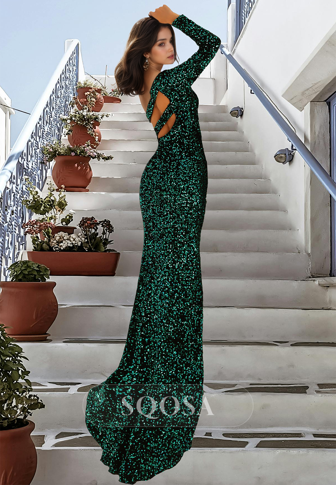 Asymmetrical-Neck One-Long-Sleeve Fully Sequined Cutout High Slit Sweep Train Mermaid Prom Dress