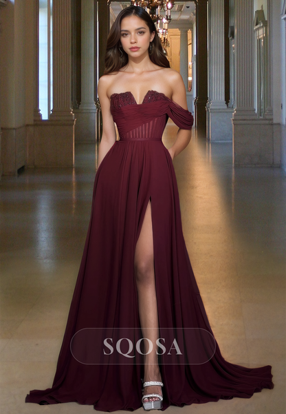 One-Strap Off-Shoulder Sleeveless Party Gowns Beaded Sweetheart Pleated A-Line Prom Dress with Slit