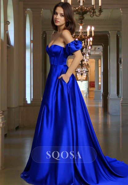 Off-Shoulder Sweetheart Pleated A-Line Prom Dress Puff-Sleeves High Slit Satin Evening Gowns