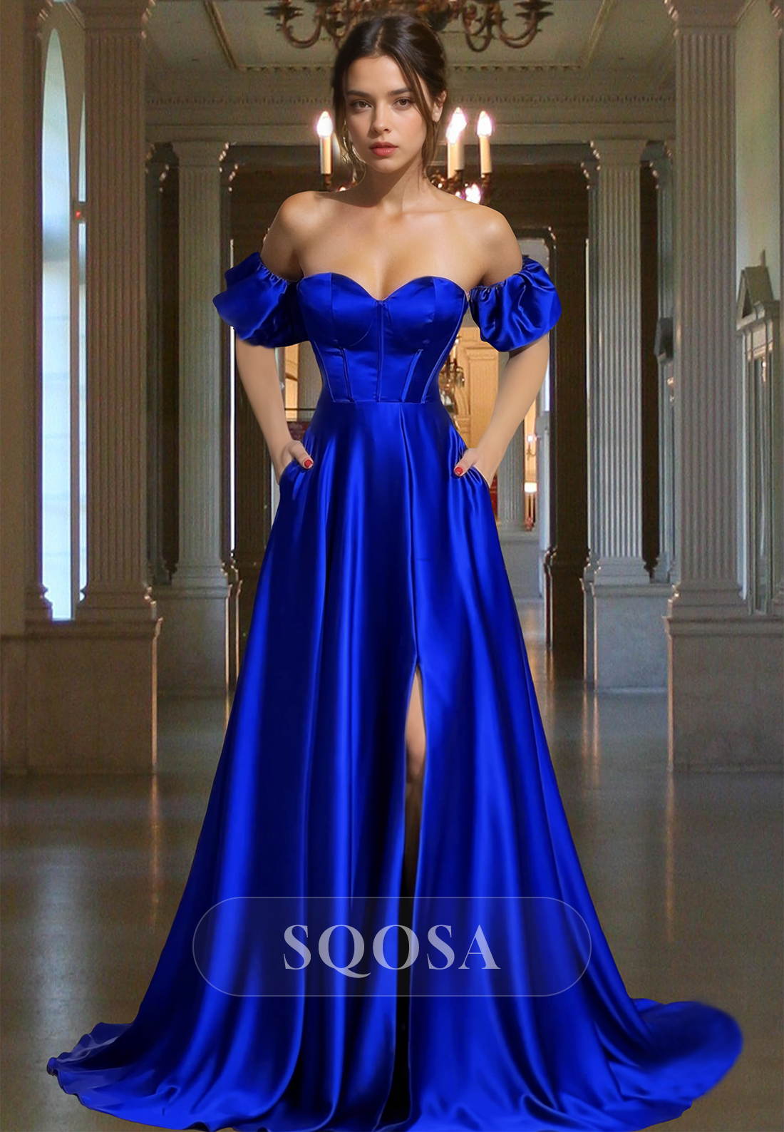 Off-Shoulder Sweetheart Pleated A-Line Prom Dress Puff-Sleeves High Slit Satin Evening Gowns