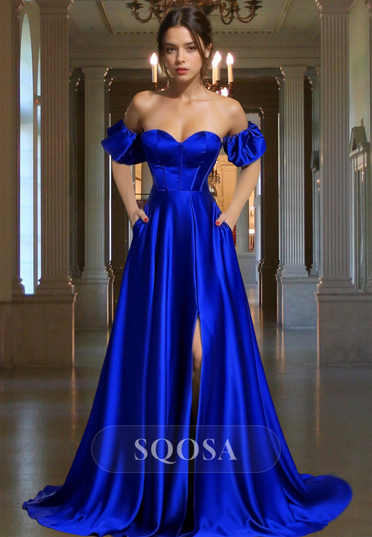 Off-Shoulder Sweetheart Pleated A-Line Prom Dress Puff-Sleeves High Slit Satin Evening Gowns