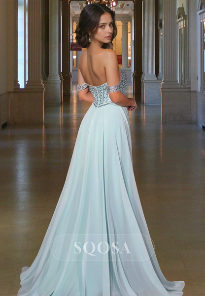 Off-Shoulder V-Neck Sleeveless A-Line Prom Dress Beaded Applique Pleated Party Gowns with High Slit