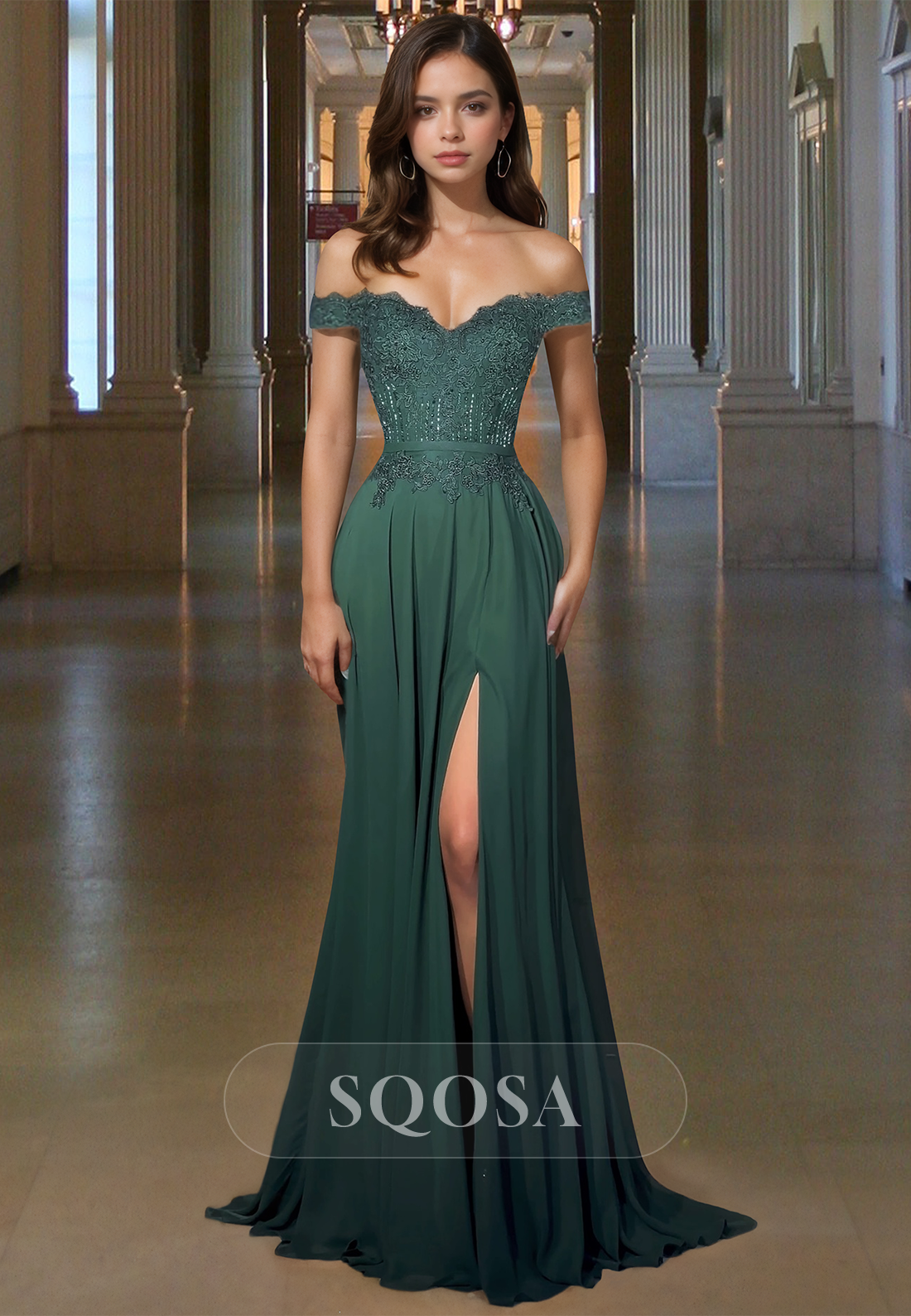 V-Neck Off-Shoulder Sleeveless Fitted Prom Dress Pleated Lace Applique SQOSA V-Neck Off-Shoulder Sleeveless Fitted Prom Dress Pleated Lace Applique SQOSA