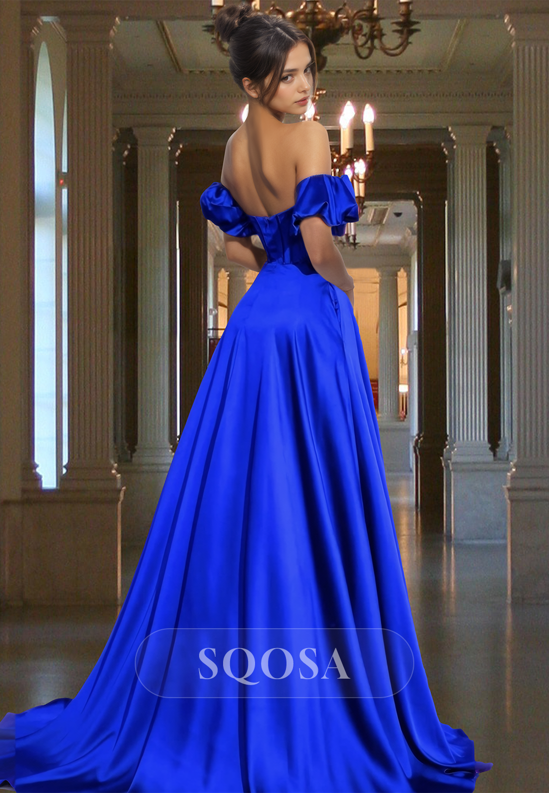 Off-Shoulder Sweetheart Pleated A-Line Prom Dress Puff-Sleeves High Slit Satin Evening Gowns