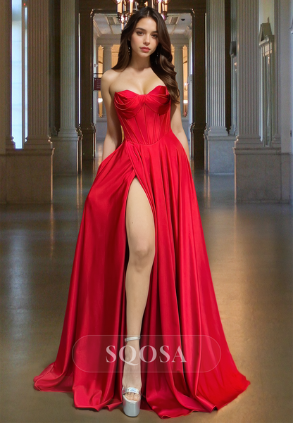 Sweetheart Off-Shoulder Sleeveless A-Line Prom Dress Pleated Satin Evening Gowns with High Slit