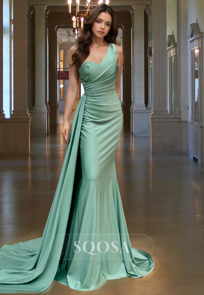 Asymmetrical-Neck Off-Shoulder Sleeveless Mermaid Prom Dress Pleated Sweep Train Formal Gowns