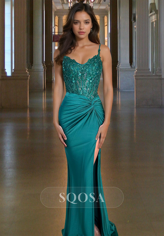 V-Neck Spaghetti Straps Sleeveless Pleated Mermaid Prom Dress Glitter Applique Formal Gowns with High Slit