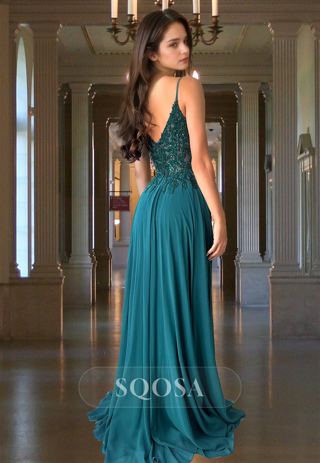 Spaghetti Straps V-Neck Sleeveless A-Line Prom Dress Off-Shoulder Beaded Applique Chiffon Formal Gowns