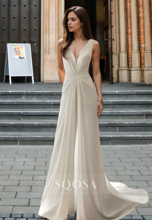 Simple Straps Deep V-Neck Sleeveless A-Line Wedding Dress Off-Shoulder Pleated Chiffon Bride Gowns