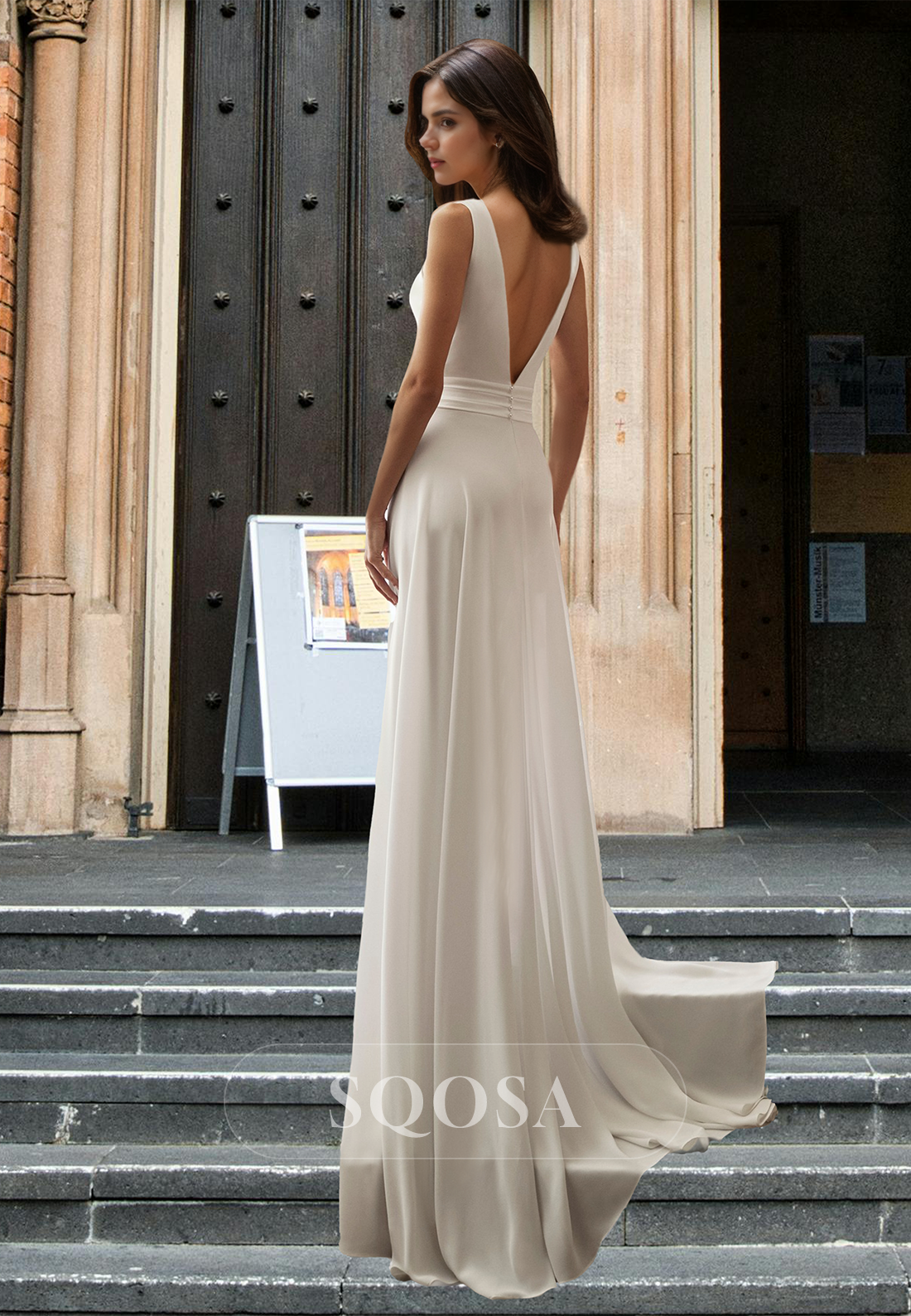 Simple Straps Deep V-Neck Sleeveless A-Line Wedding Dress Off-Shoulder Pleated Chiffon Bride Gowns Custom Color / US14 Simple Straps Deep V-Neck Sleeveless A-Line Wedding Dress Off-Shoulder Pleated Chiffon Bride Gowns Custom Color / US14