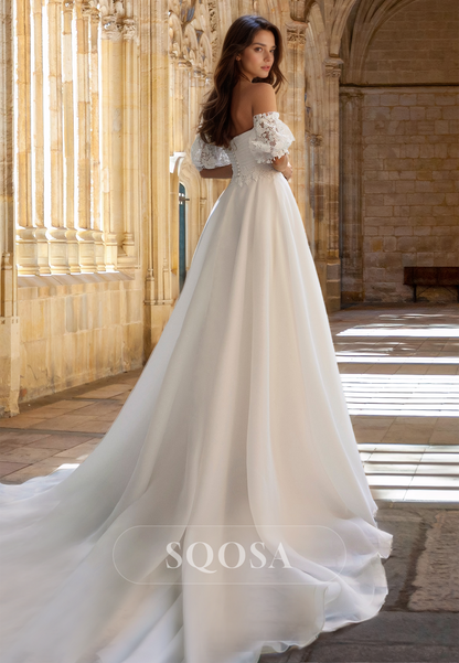 A-Line Tube Top Off-Shoulder Puff-Sleeves Pleated Applique Chiffon Wedding Dress with Sweep Train