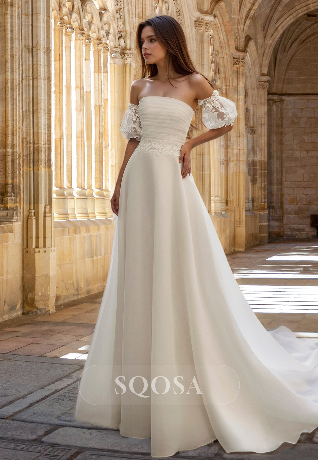 A-Line Tube Top Off-Shoulder Puff-Sleeves Pleated Applique Chiffon Wedding Dress with Sweep Train