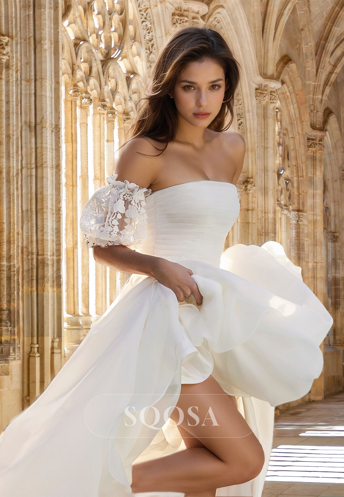 A-Line Tube Top Off-Shoulder Puff-Sleeves Pleated Applique Chiffon Wedding Dress with Sweep Train