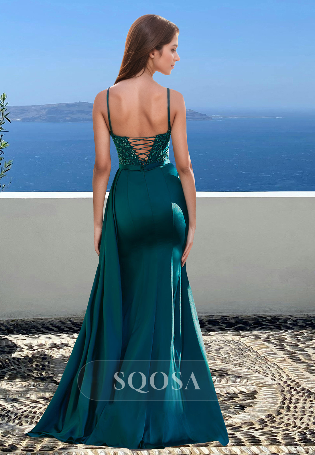 Sweetheart Spaghetti Straps Off-Shoulder Sleeveless Beaded Lace Applique Pleated Mermaid Prom Dress