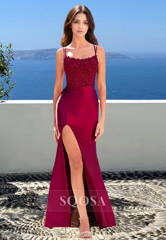 Scoop-Neck Off-Shoulder Sleeveless Party Gowns Spaghetti Straps Beaded Applique Mermaid Prom Dress