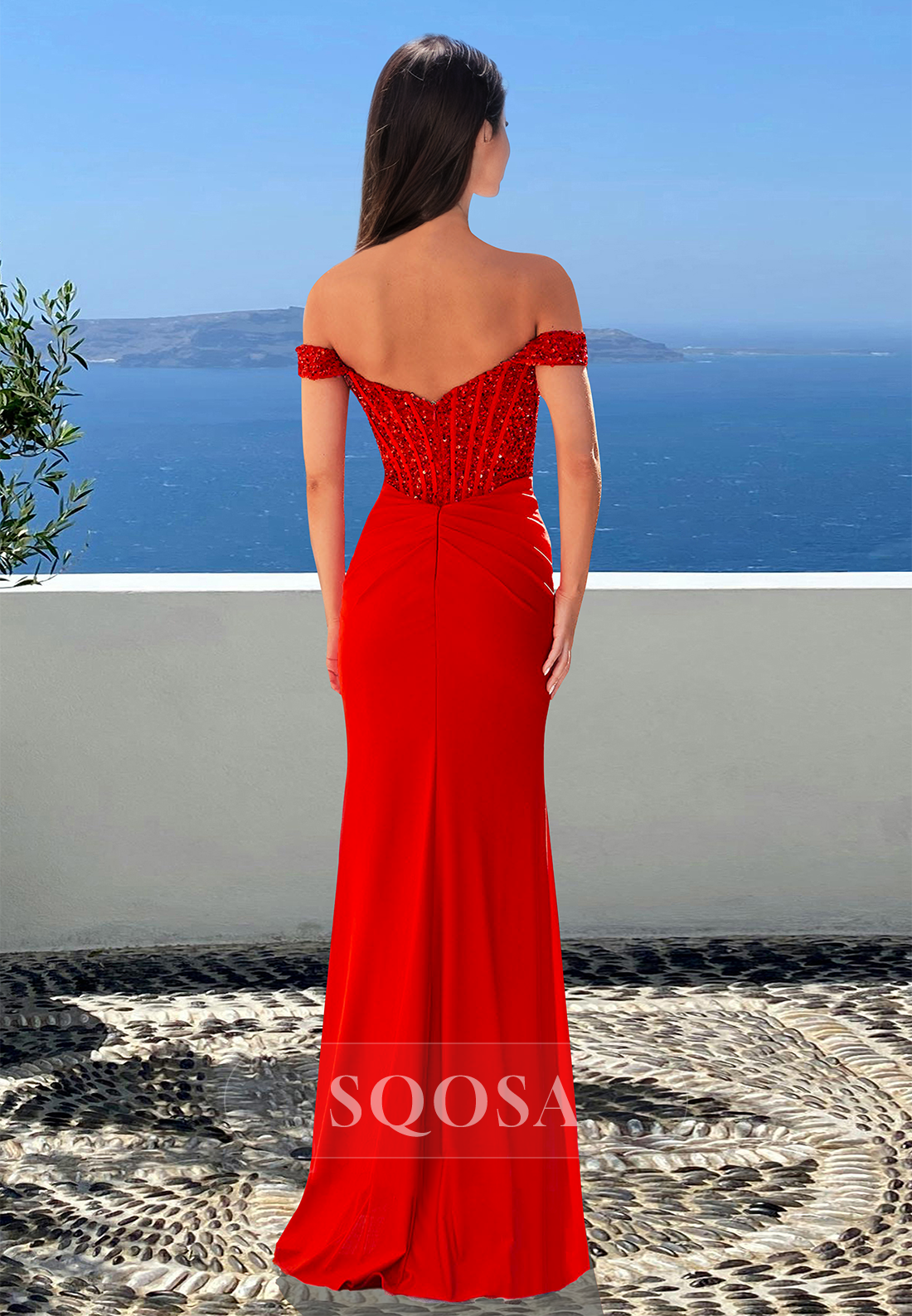 Scoop-Neck Off-Shoulder Sleeveless Party Gowns Beaded Pleated Mermaid Prom Dress with High Slit