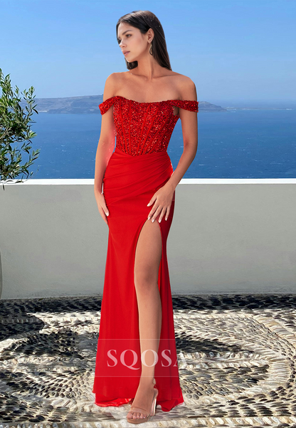 Scoop-Neck Off-Shoulder Sleeveless Party Gowns Beaded Pleated Mermaid Prom Dress with High Slit