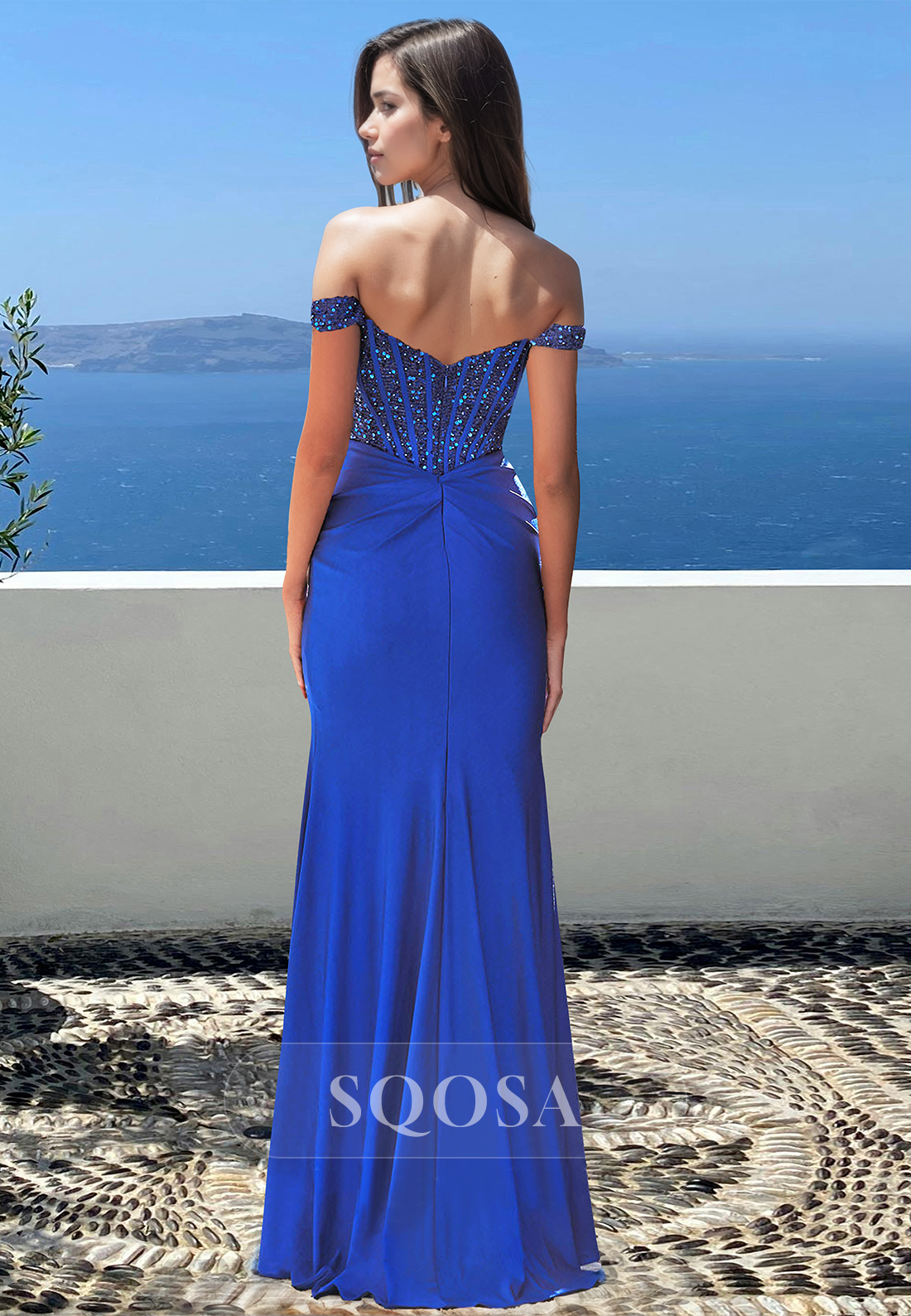 Scoop-Neck Off-Shoulder Sleeveless Party Gowns Beaded Pleated Mermaid Prom Dress with High Slit