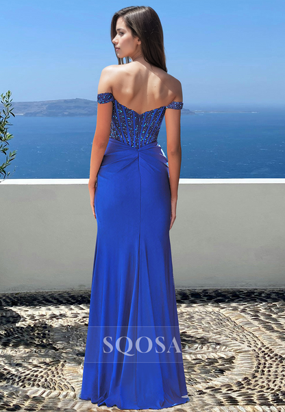 Scoop-Neck Off-Shoulder Sleeveless Party Gowns Beaded Pleated Mermaid Prom Dress with High Slit