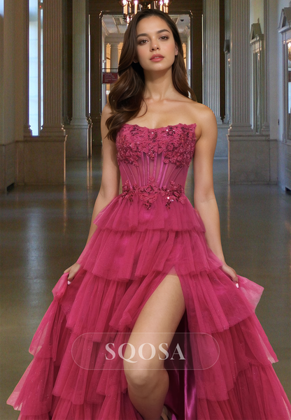 Scoop-Neck Off-Shoulder Beaded Applique Sequined Party Gowns Sleeveless Tiered Tulle A-Line Prom Dress