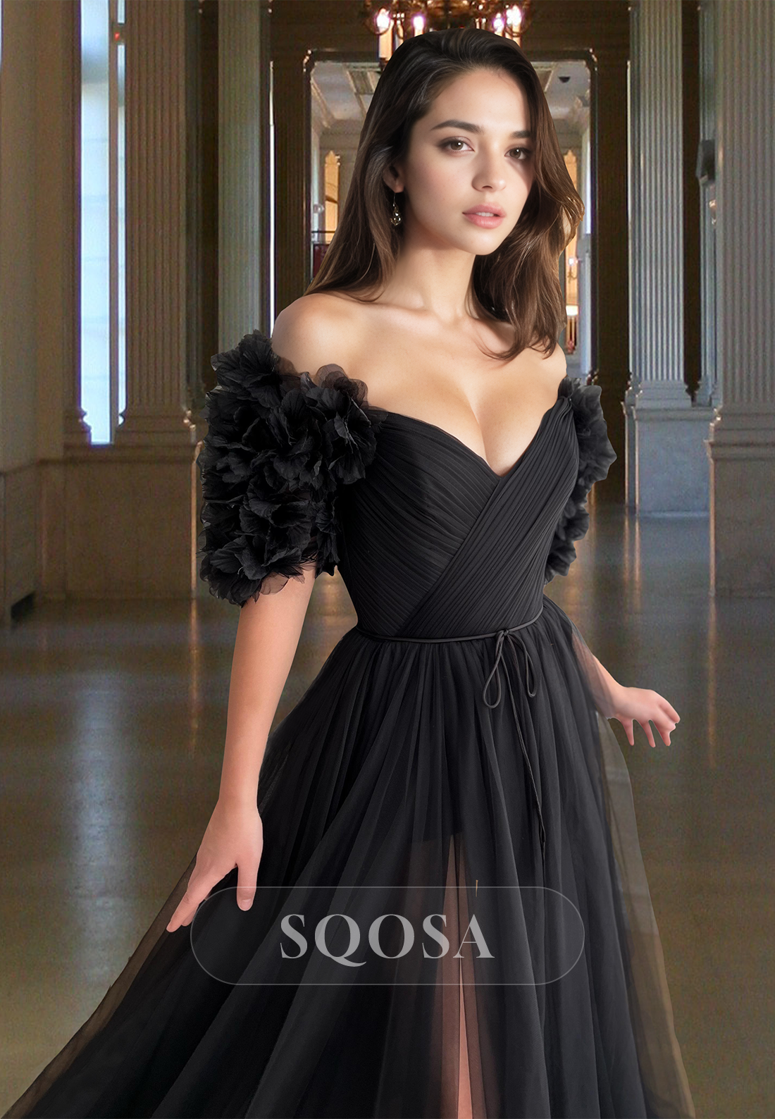 V-Neck Off-Shoulder Floral Embossed Short-Sleeves Pleated A-Line Tulle Prom Dress with High Slit