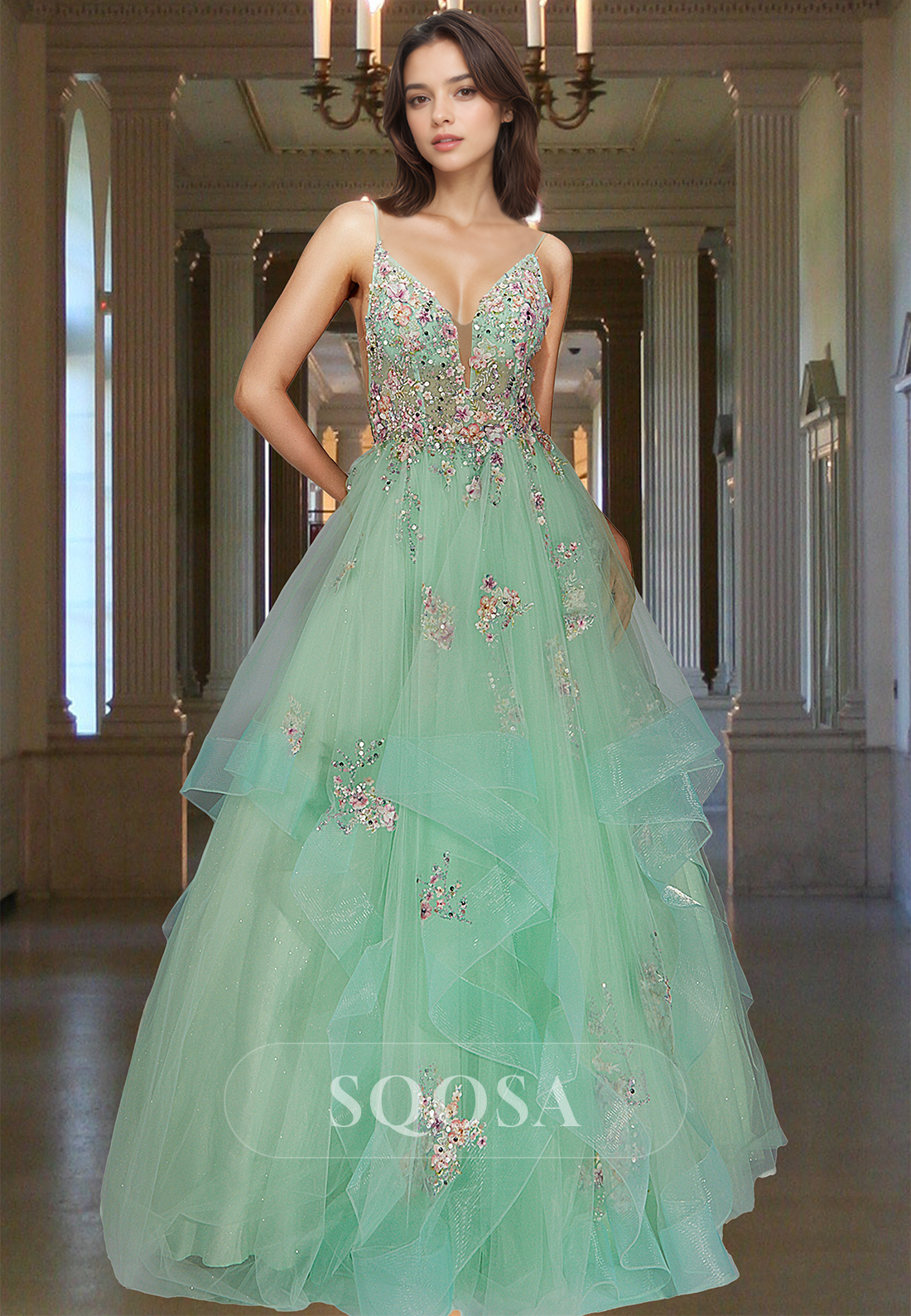 Spaghetti Straps V-Neck Off-Shoulder Sleeveless Colorful Applique Tulle Tiered A-Line Prom Dress