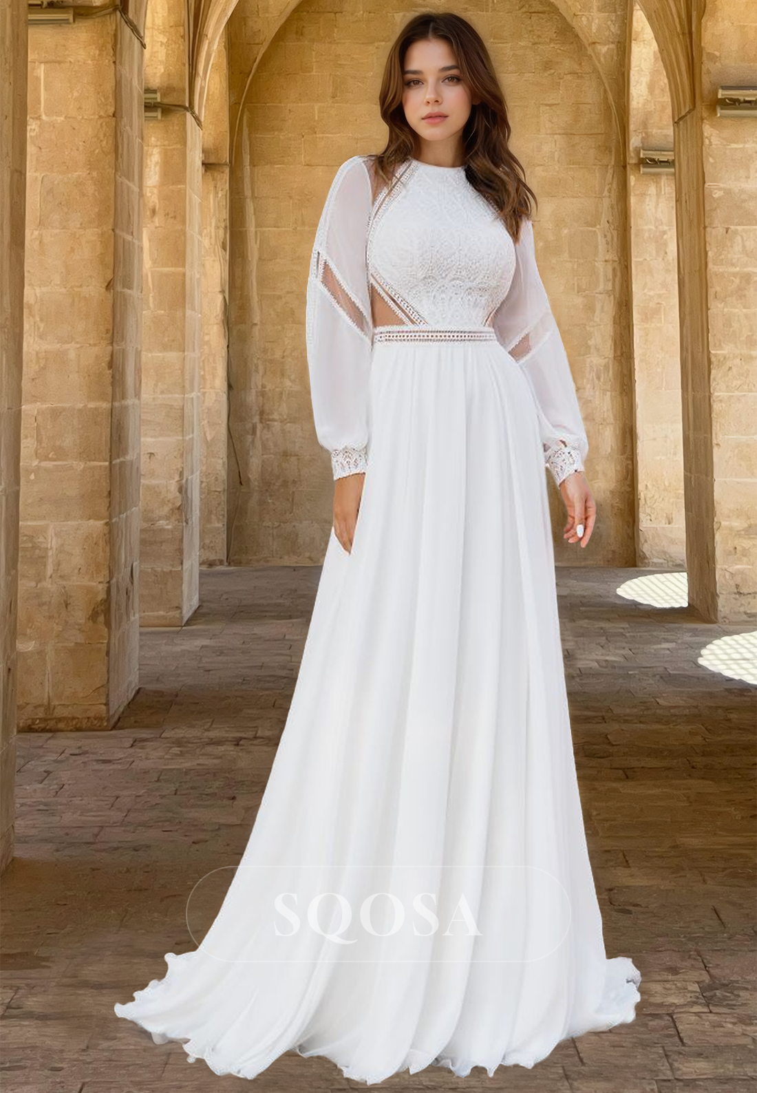 High Scoop-Neck Beaded Lace Applique Bride Gowns Long-Sleeves Chiffon A-Line Wedding Dress Custom Color / US12 High Scoop-Neck Beaded Lace Applique Bride Gowns Long-Sleeves Chiffon A-Line Wedding Dress Custom Color / US12