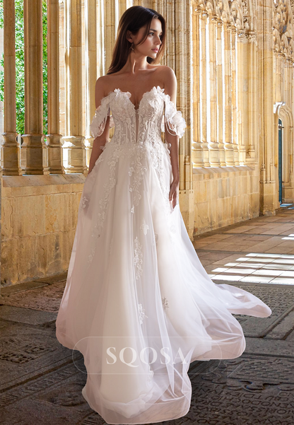 Floral Embossed Sweetheart Off-Shoulder Bride Gowns Sleeveless Beaded Pleated A-Line Wedding Dress