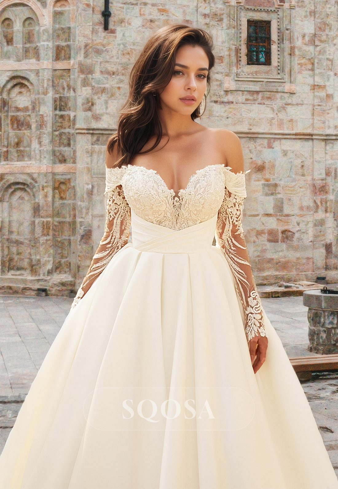 Sweetheart Lace Long-Sleeves Beaded Applique Bride Gowns Off-Shoulder Pleated Satin A-Line Wedding Dress White / US4 Sweetheart Lace Long-Sleeves Beaded Applique Bride Gowns Off-Shoulder Pleated Satin A-Line Wedding Dress White / US4