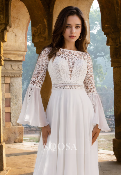 Scoop-Neck Long-Sleeves Chiffon Bride Gowns Lace Applique Pleated A-Line Wedding Dress with Train Ivory / US2 Scoop-Neck Long-Sleeves Chiffon Bride Gowns Lace Applique Pleated A-Line Wedding Dress with Train Ivory / US2