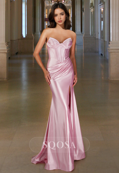 Sweetheart Off-Shoulder Sleeveless Mermaid Prom Dress Pleated Floor-Length High Slit Party Gowns