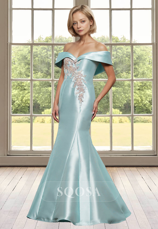 Off-Shoulder V-Neck Sleeveless Mearmaid Mother of the Bride Dress Lace Applique Satin Cocktail Gowns