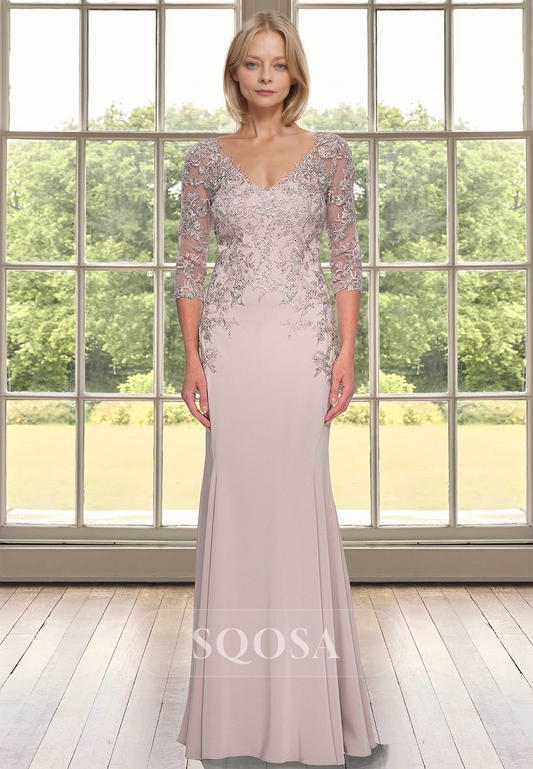 Half-Sleeves V-Neck Chiffon Cocktail Gowns Lace Applique Mearmaid Mother of the Bride Dress