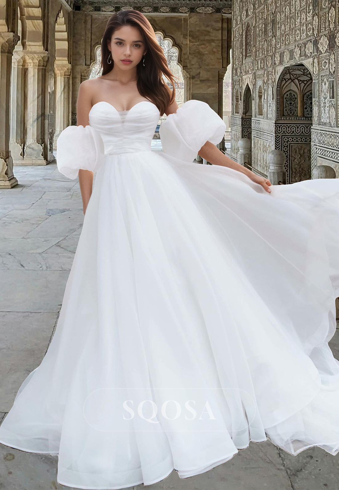 Sweetheart Puff-Sleeves Off-Shoulder A-Line Wedding Dress Pleated Tulle Sweep Train Bride Gowns Custom Color / Custom Size Sweetheart Puff-Sleeves Off-Shoulder A-Line Wedding Dress Pleated Tulle Sweep Train Bride Gowns Custom Color / Custom Size