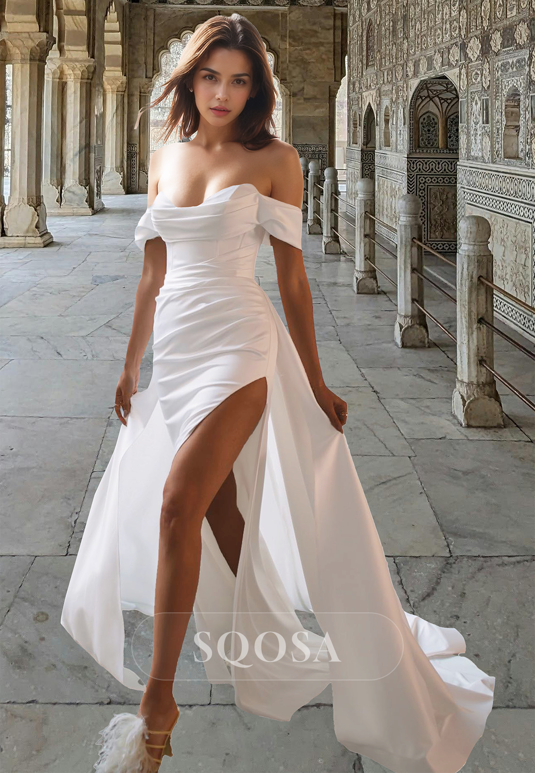 Off-Shoulder Sweetheart Sleeveless Pleated Satin Mermaid Wedding Dress   SQOSA