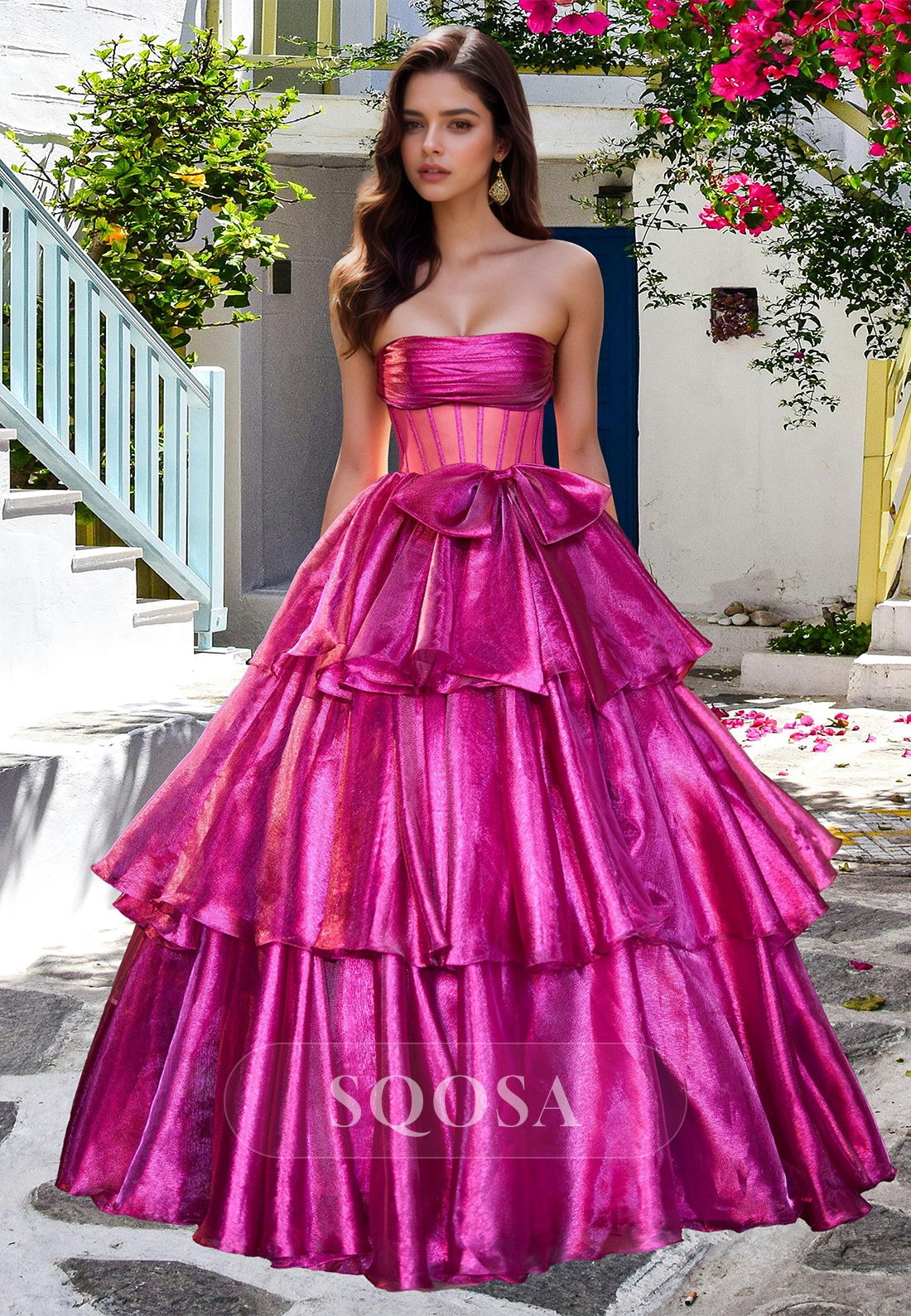 knee length dresses for ladies Tube Top Off-Shoulder Sleeveless Pleated Tiered Metallic Satin A-Line Prom Dress with Bow Fuchsia / Custom Size