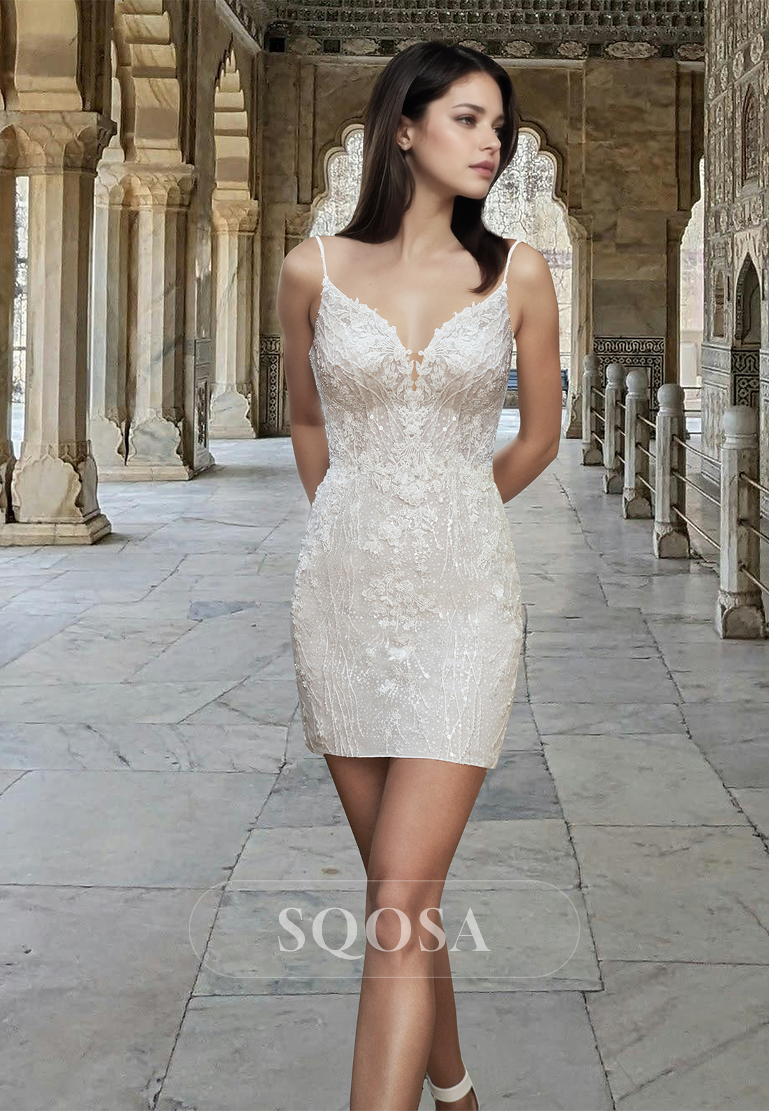V-Neck Spaghetti Straps Short Mermaid Wedding Dress Beaded Lace Applique Bride Gowns with Tulle Overskirt White / US2