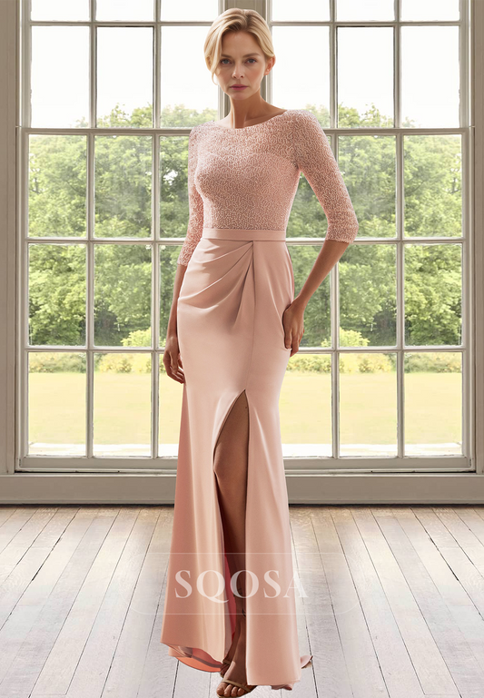 Scoop-Neck Half-Sleeves Cocktail Gowns Beaded Applique Pleated Mother of the Bride Dress with Slit