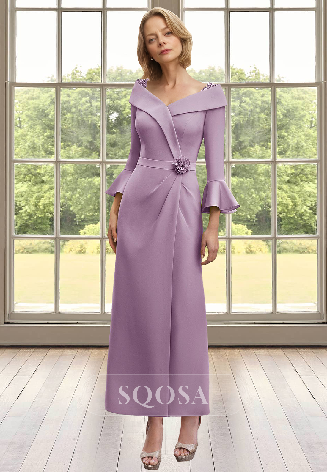 Bell-Long-Sleeves V-Neck Cocktail Gowns Satin Pleated Midi Mermaid Mother of the Bride Dress Lilac / Custom Size