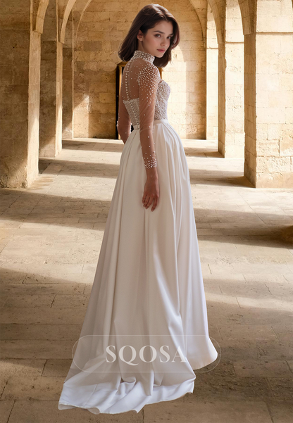 A-Line High Scoop-Neck Long-Sleeves Wedding Dress Beaded Pleated Satin Bride Gowns with Train Ivory / US10 A-Line High Scoop-Neck Long-Sleeves Wedding Dress Beaded Pleated Satin Bride Gowns with Train Ivory / US10