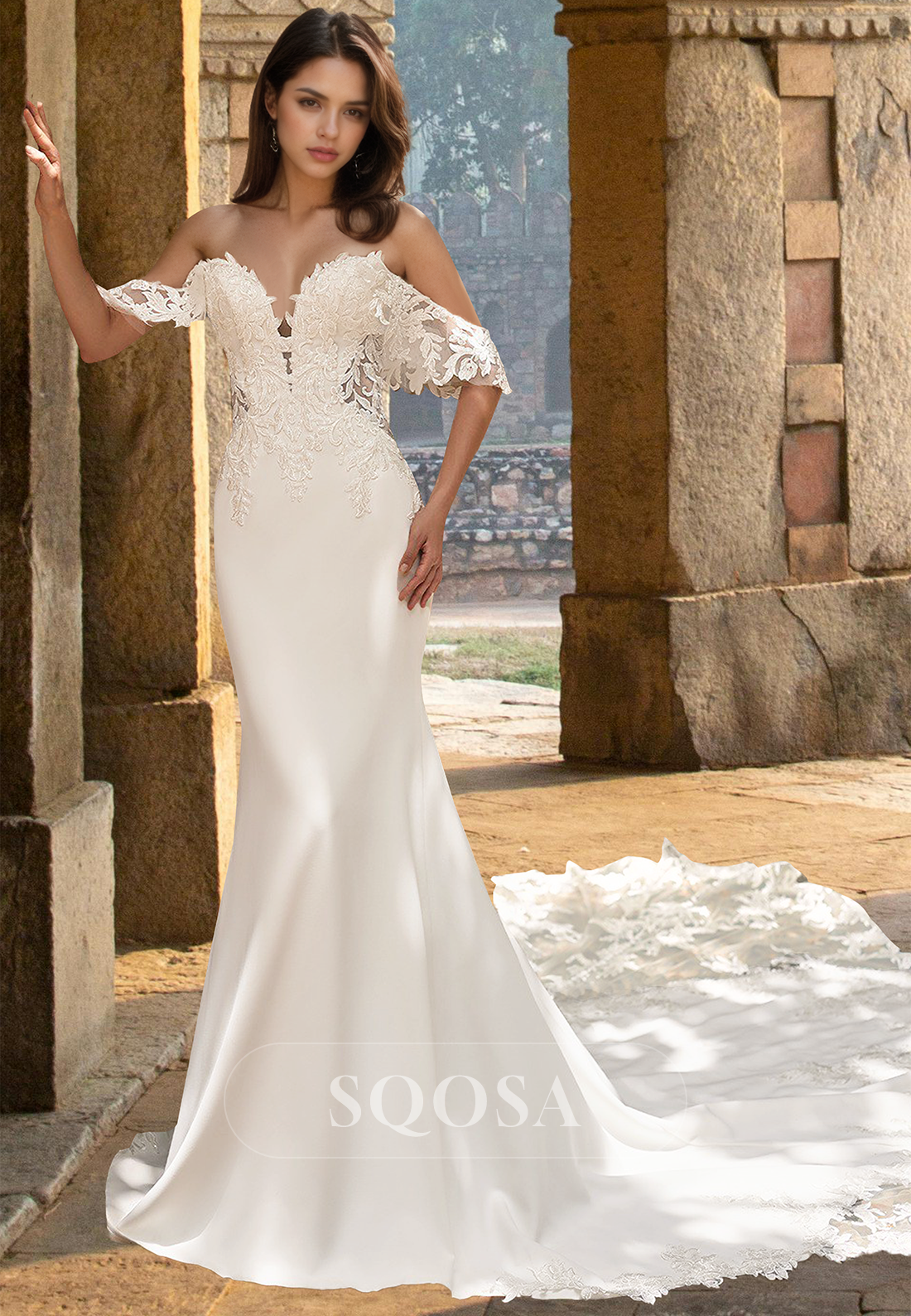 Sweetheart Off-Shoulder Sleeveless Satin Mermaid Wedding Dress Beaded Lace Applique Bride Gowns with Train Custom Color / US14