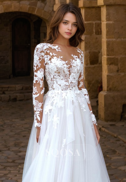 A Line Illusion Neckline Lace Appliques Long Sleeves Romantic Wedding Dress