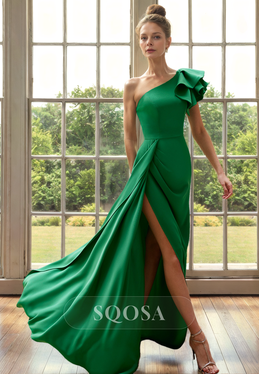 Sheath One Shoulder Side Slit Green Mother of the Bride Dress for Wedding Long Cocktail Dress