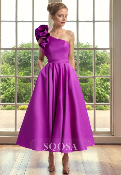 A Line One Shoulder Satin Cocktail Dress for Wedding Elegant Mother of the Bride Dress