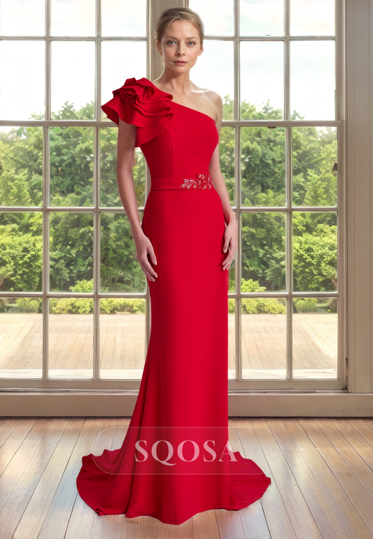 Sheath One Shoulder Appliques Red Cocktail Dress for Wedding Long Mother of the Bride Dress