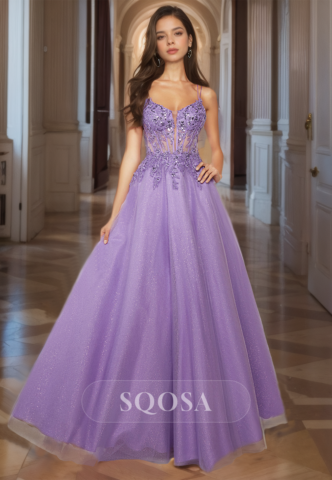 Scoop-Neck Spaghetti Straps A-Line Party Gowns Sleeveless Glitter-Knit Applique Floor-Length Prom Dress